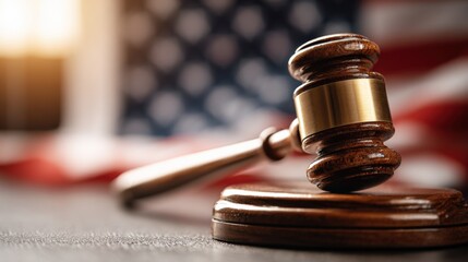 Gavel on Sound Block Against American Flag Backdrop, Symbolizing Justice and Legal Processes in the United States