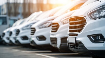 Fototapeta premium Fleet of White Commercial Vans Parked in a Row, Automotive Industry and Transportation Concept