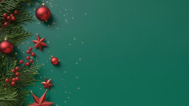 Festive Christmas decorations with red ornaments and green pine branches creating a holiday background with copy space perfect for seasonal greetings - Powered by Adobe