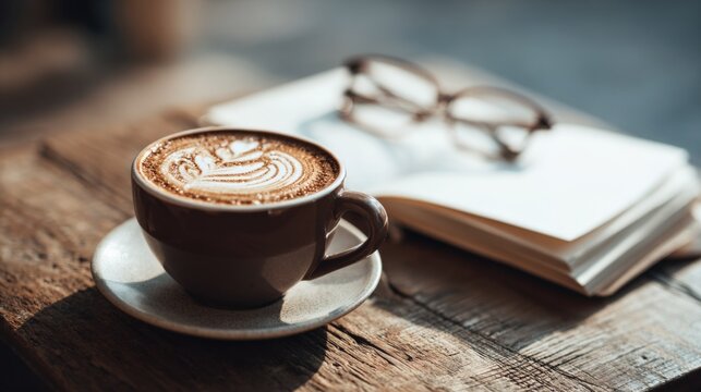 Coffee Cup with Latte Art Next to Open Book and Eyeglasses on Wooden Table - Powered by Adobe