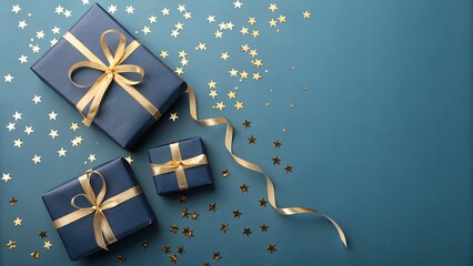 Elegant gift boxes with gold ribbons and confetti on teal background
