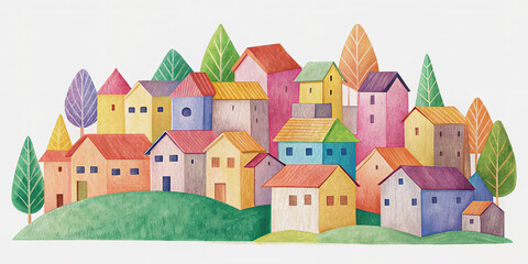 A vibrant and playful arrangement of colorful paper houses set on a lush green hill, surrounded by stylized trees, presenting a charming whimsical landscape full of creativity and imagination