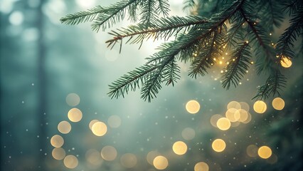 Magical forest evergreen branch with glowing bokeh lights in a dreamy atmosphere