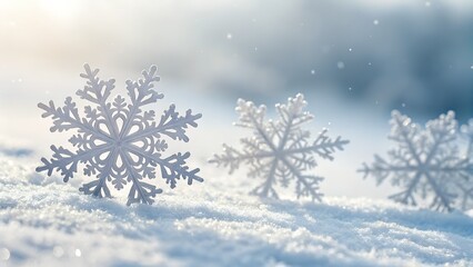 Three decorative snowflakes sparkling in the snow on a cold winter day