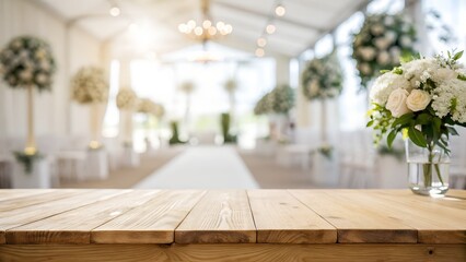Wooden tabletop with blurred wedding venue background for product display
