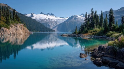 A breathtaking view captures the tranquil turquoise lake surrounded by lush trees and majestic snow covered mountains. The clear sky reflects in the water enhancing the serene atmosphere.