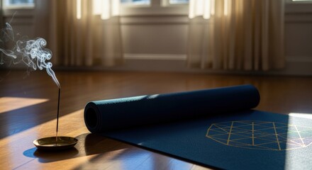 Yoga Mat and Incense Stick on Wooden Floor Creating a Peaceful Zen Atmosphere in Bright Room