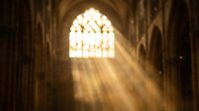 Golden Light Through Stained Glass in Cathedral