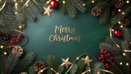 Festive christmas greeting with fir branches lights and ornaments on green background