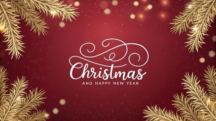 Elegant christmas greeting card with golden pine branches and festive bokeh lights