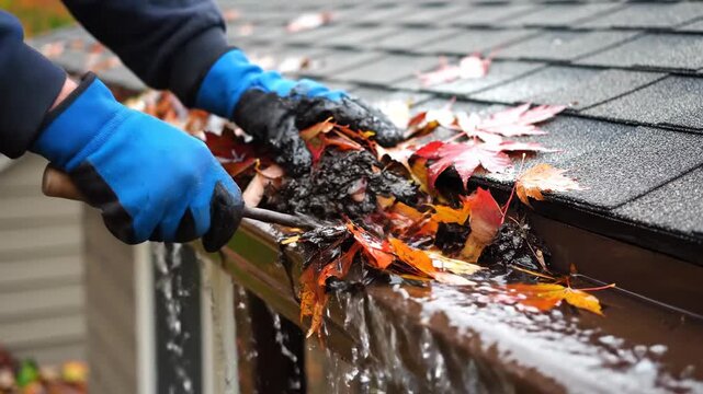 Person cleaning residential rain gutter full of autumn leaves and debris causing water overflow