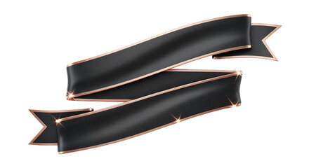 Stylish black ribbon banner with rose gold edging, isolated on a transparent background