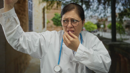 Middle aged hispanic doctor wearing white coat and stethoscope pinches nose on cobblestone street...