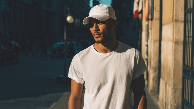 A young man is strolling through a city street in the late afternoon. He wears a white t shirt and a cap with sunlight casting shadows around him creating a relaxed urban atmosphere.