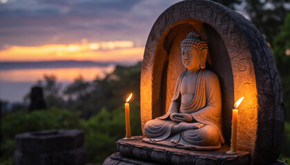Serene Buddha statue bathed in the warm glow of sunset, adorned with lit candles, evoking peace and spirituality