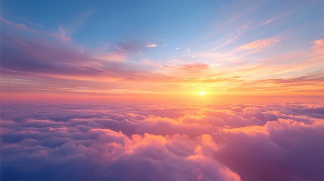 Vibrant Sunset Sky Above Clouds, Aerial View of Pink and Blue Cloudscape with Golden Light