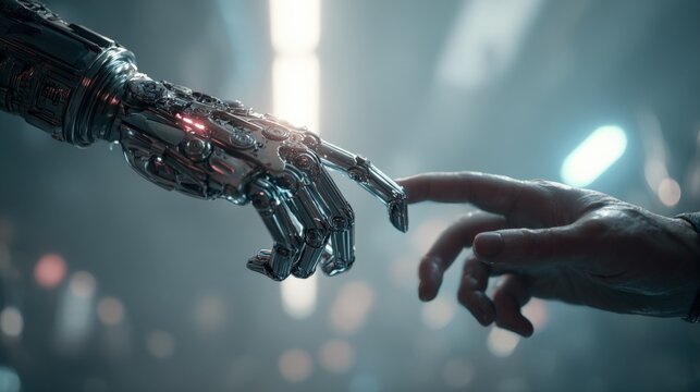 Human and Robot Hand Touching: Concept of Artificial Intelligence, Technology, and the Future of Humanity - Powered by Adobe