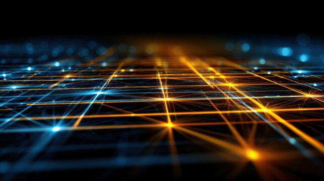 Abstract data flow visualization with blue and orange light trails creating a digital network. - Powered by Adobe