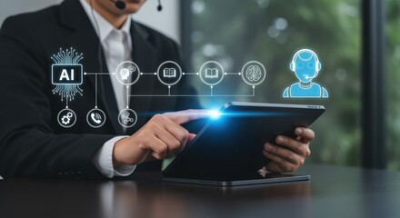 Man Interacting with AI Assistant Interface on Tablet for Customer Support and Innovative Solutions