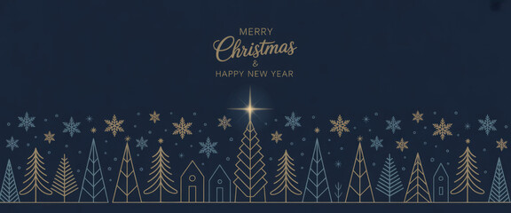 Elegant Christmas and Happy New Year greeting card featuring a border of stylized trees and snowflakes perfect for holiday promotions