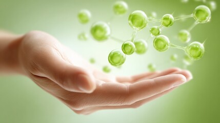 Human Hand Presenting a Green Molecular Structure, Symbolizing Science, Medicine and Innovation on Green Background