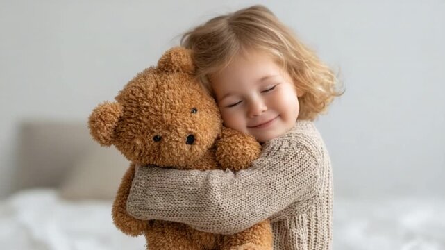 Child Embracing Soft Teddy Bear in Cozy Indoor Setting with Warm Lighting 4k video footage