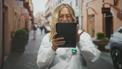 Senior woman doctor in white coat holds tablet with both hands and taps screen while standing on a narrow cobblestone street; digital care focus.