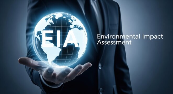 Environmental Impact Assessment Concept: Businessman Holding Globe with EIA Initials, Illustrating Environmental Responsibility and Sustainable Development