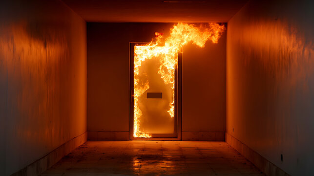 La porte d'un appartement en feu.