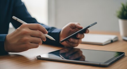 Close-up of hands using digital tablet, stylus and smartphone for work on a wooden desk