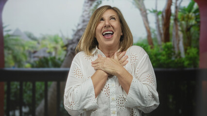 Woman claps hands in green forest setting wearing white blouse and smiling broadly; happiness celebration.