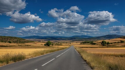 Fototapeta premium A serene rural landscape features a smooth road stretching through golden fields. Fluffy clouds drift in a vibrant blue sky while distant hills create a peaceful backdrop.