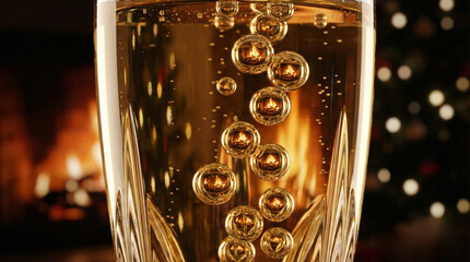 Champagne Bubbles Reflecting Fireplace on a Cozy Evening