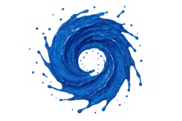 Blue paint liquid swirling vortex with falling droplets creating abstract splash motion on transparent background