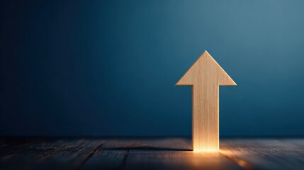 Wooden Arrow Pointing Upward Symbolizing Growth, Progress, and Positive Direction on Dark Wooden Surface and Blue Background