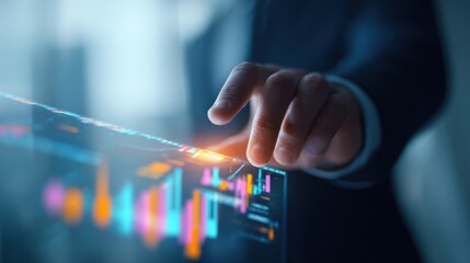 Business professional interacting with stock market charts on interactive display for financial analysis and data visualization