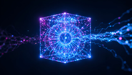 Abstract glowing quantum cube structure with vibrant blue and magenta data streams flowing in dark space