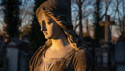 Timeless stone sculpture of a melancholic woman in an old graveyard, touched by the warm glow of sunset, symbolizing memory and solace amidst quiet repose