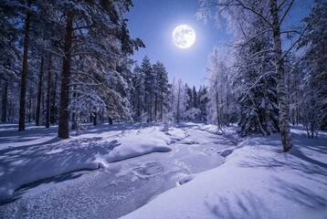 Winter forest with full moon shining bright over snow-covered trees and a frozen stream. Serene night landscape for holiday and nature concepts.