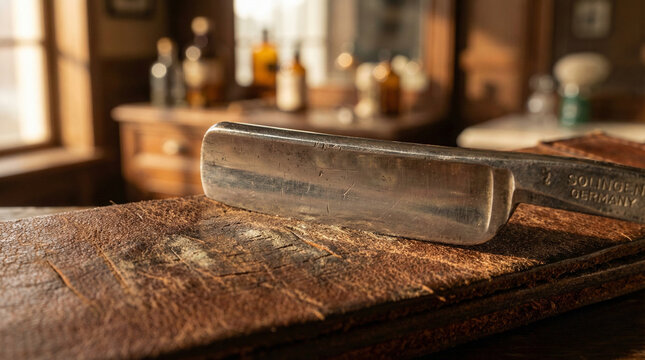 Vintage Straight Razor on Leather Strop in an Old Barbershop