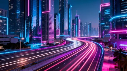 Futuristic city skyline at night with neon illumination. Fast moving traffic creates light trails on urban highways. - Powered by Adobe