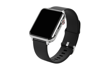sharp commercial macro shot of a sleek rectangular chrome smartwatch with a dark screen and textured crown on transparent background, showcasing technological precision concept
