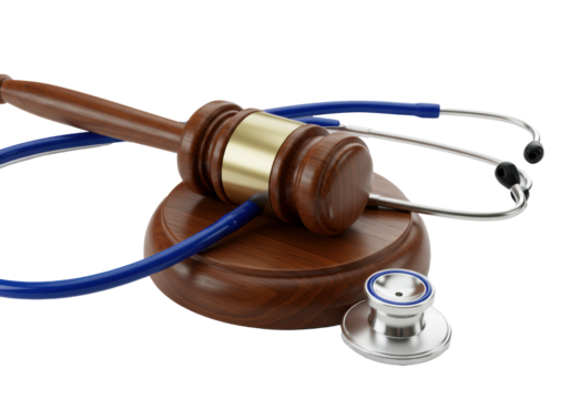 A judge's mahogany gavel and a medical stethoscope on a transparent background. Concept of medical law and ethics