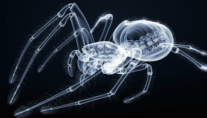 Detailed scientific X-ray visualization of a spider's intricate internal anatomy, showcasing the complex skeletal structure and organ systems of an arachnid