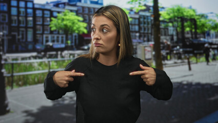 Woman points both fingers to self on street wearing black long sleeve shirt near canal railing and trees; self doubt surprise.