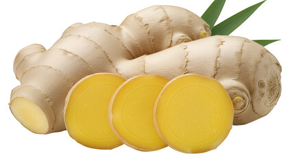Fresh organic ginger roots, perfectly sliced pieces, vibrant green leaves, healthy culinary spice, meticulously isolated on transparent background
