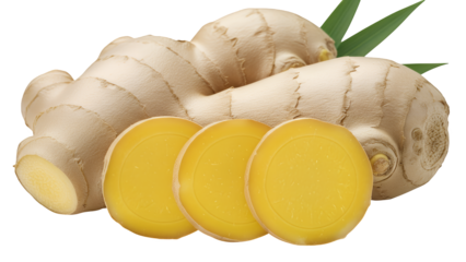 Fresh organic ginger roots, perfectly sliced pieces, vibrant green leaves, healthy culinary spice, meticulously isolated on transparent background