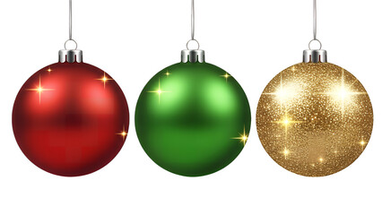 Set of three realistic red, green, and gold glitter Christmas baubles hanging and isolated on transparent background
