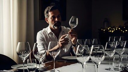 Adult man carefully polishing a fine crystal wine glass, preparing for an elegant dinner party or special occasion at a beautifully set table.