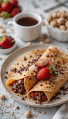 Delicious crepes with chocolate chips and strawberry garnish for breakfast meal